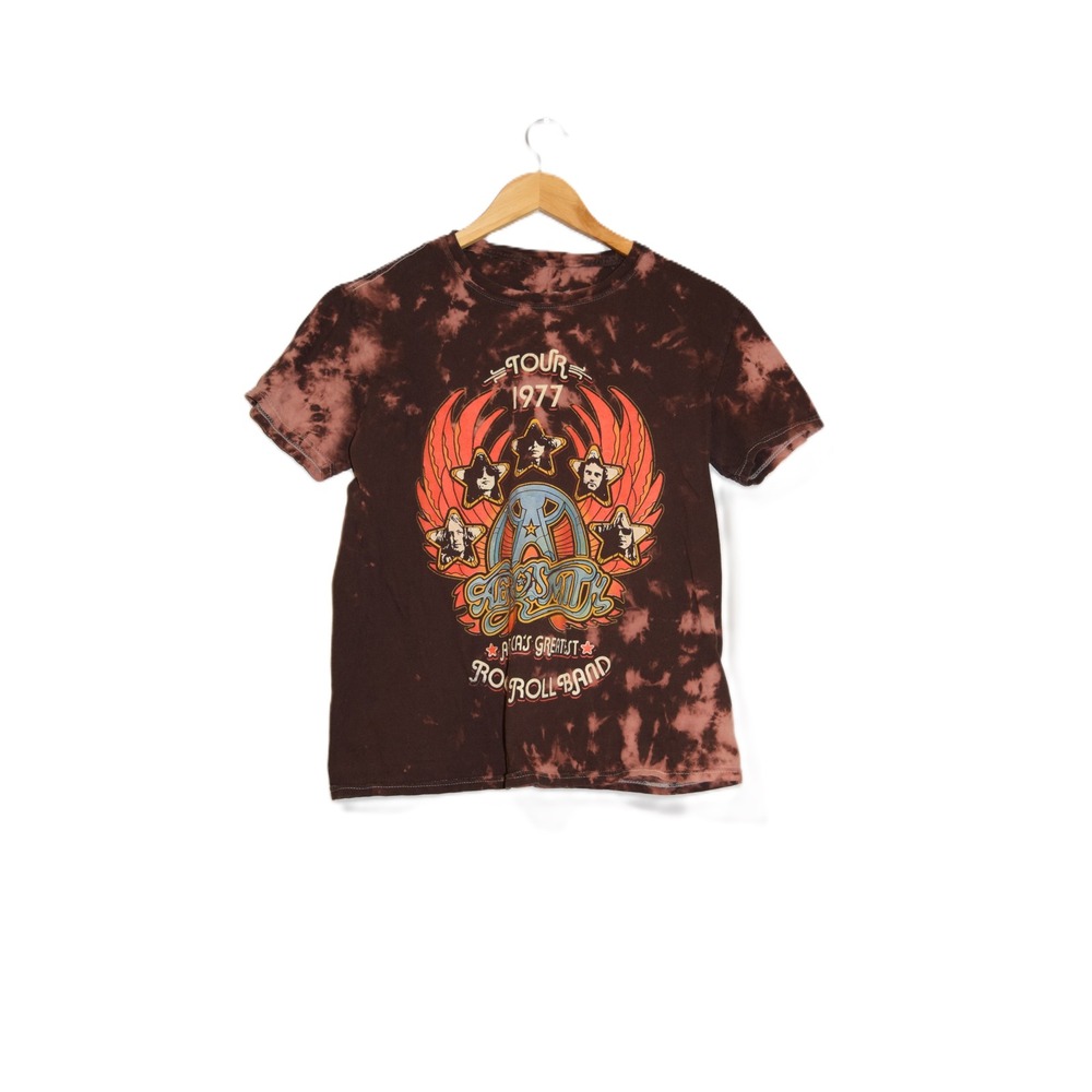 Aerosmith Graphic Tee Womens Medium Brown Tie Dye 1977 Tour Rock Band Shirt